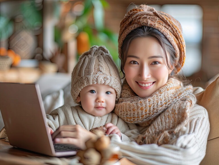 Asian mother playing with her baby