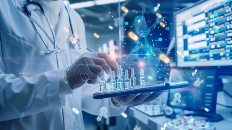 The hands of a scientist in a pharmaceutical company releases a new product or new medical equipment. Technology, science concept
